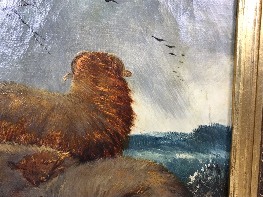JUST ADDED - Original Antique Painting Of Highlands Sheep Unsigned Appears To Be Same Artist As Adjacent Painting In Antique Gilded Frame 10 X 12 [Photo 8]
