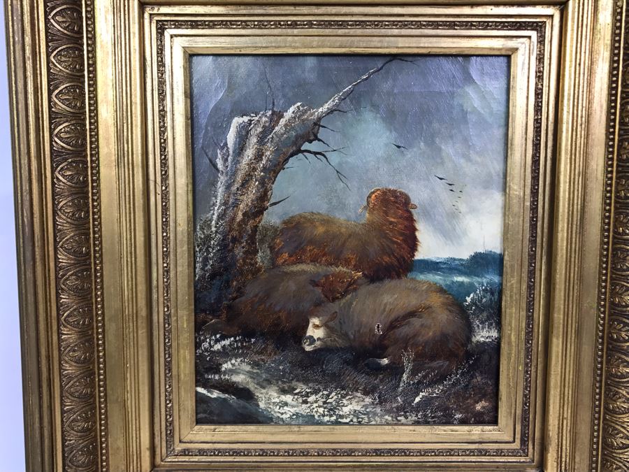 JUST ADDED - Original Antique Painting Of Highlands Sheep Unsigned Appears To Be Same Artist As Adjacent Painting In Antique Gilded Frame 10 X 12 [Photo 4]
