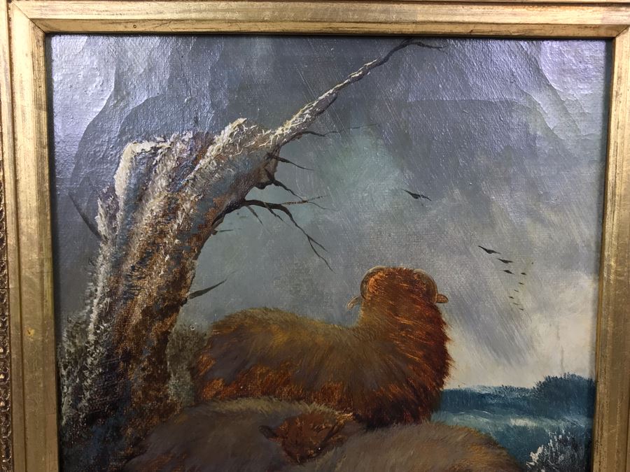 JUST ADDED - Original Antique Painting Of Highlands Sheep Unsigned Appears To Be Same Artist As Adjacent Painting In Antique Gilded Frame 10 X 12 [Photo 6]