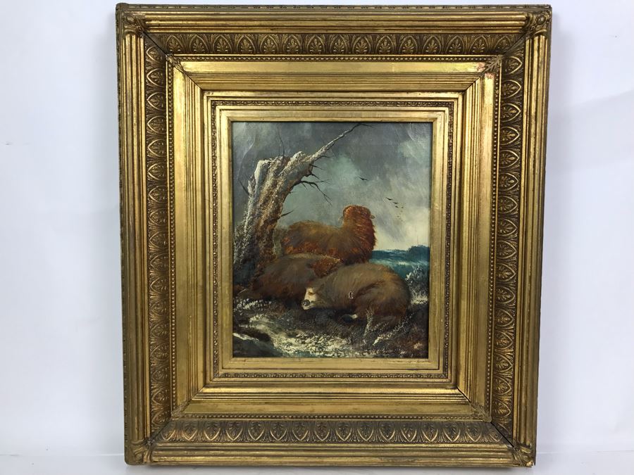 JUST ADDED - Original Antique Painting Of Highlands Sheep Unsigned Appears To Be Same Artist As Adjacent Painting In Antique Gilded Frame 10 X 12 [Photo 1]