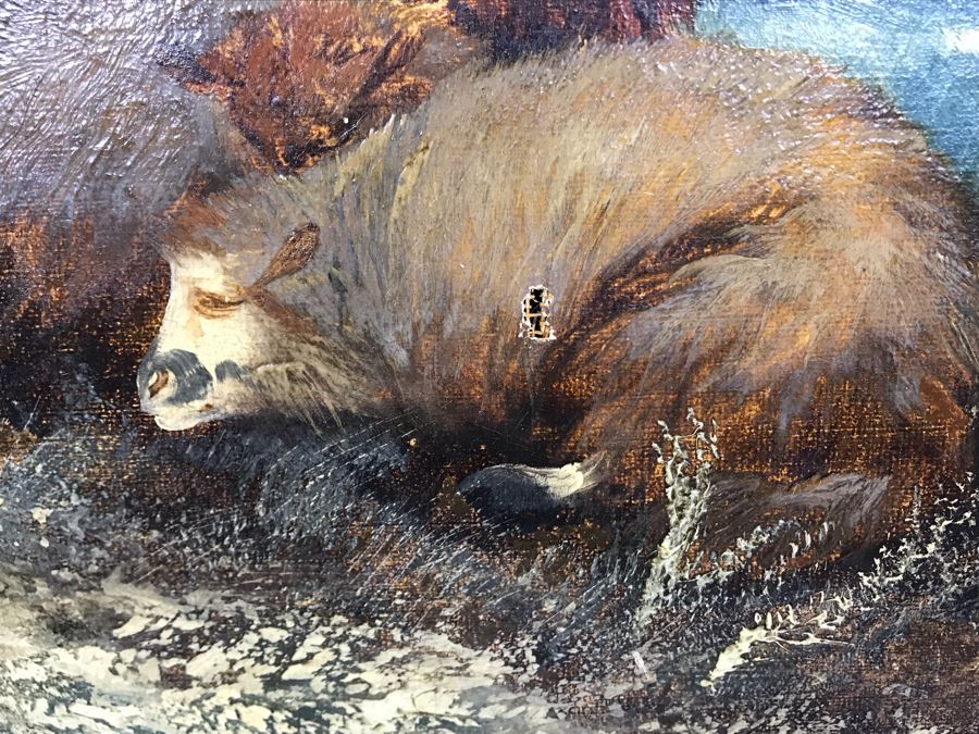 JUST ADDED - Original Antique Painting Of Highlands Sheep Unsigned Appears To Be Same Artist As Adjacent Painting In Antique Gilded Frame 10 X 12 [Photo 9]