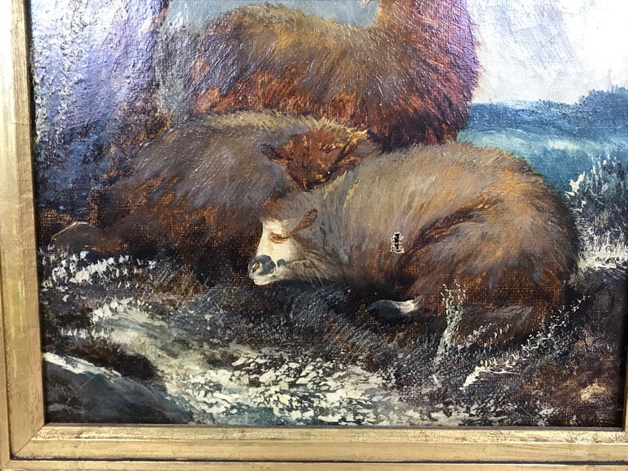 JUST ADDED - Original Antique Painting Of Highlands Sheep Unsigned Appears To Be Same Artist As Adjacent Painting In Antique Gilded Frame 10 X 12 [Photo 5]