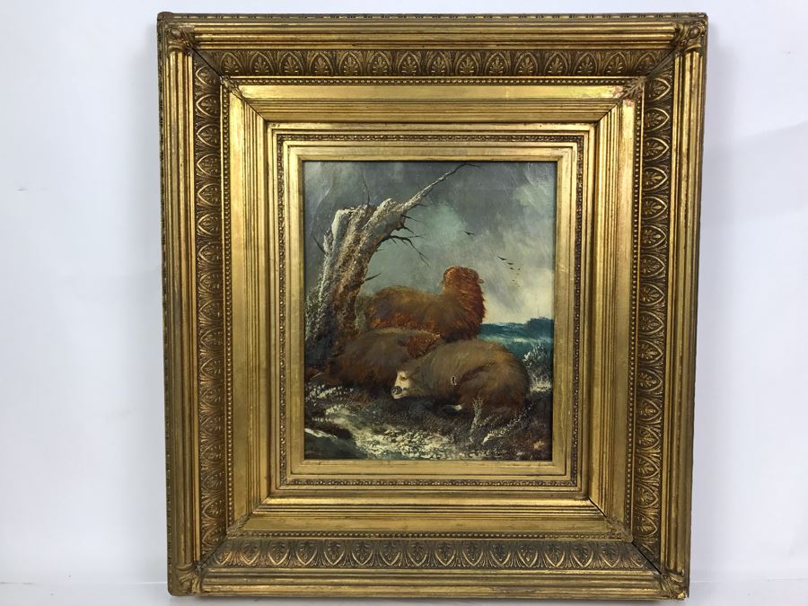 JUST ADDED - Original Antique Painting Of Highlands Sheep Unsigned Appears To Be Same Artist As Adjacent Painting In Antique Gilded Frame 10 X 12 [Photo 2]
