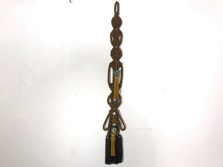 JUST ADDED - Vintage Chinese Knot Wall Hanging With Pair Of Painted Porcelain Scroll Weights 38L [Photo 4]