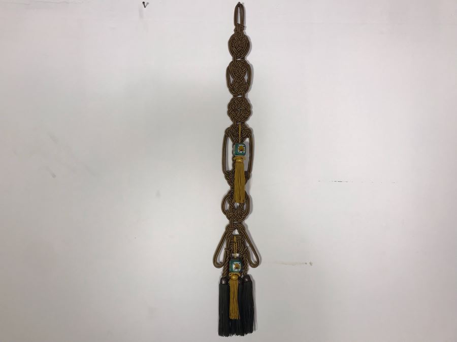 JUST ADDED - Vintage Chinese Knot Wall Hanging With Pair Of Painted Porcelain Scroll Weights 38L [Photo 3]