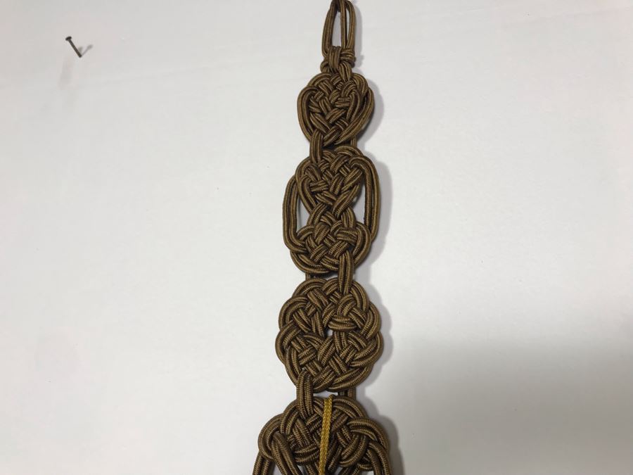 JUST ADDED - Vintage Chinese Knot Wall Hanging With Pair Of Painted Porcelain Scroll Weights 38L [Photo 8]