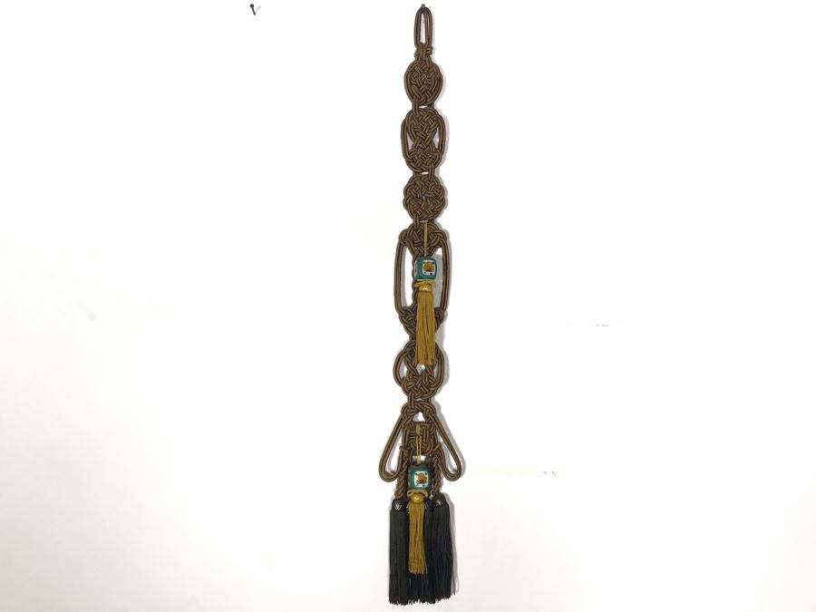 JUST ADDED - Vintage Chinese Knot Wall Hanging With Pair Of Painted Porcelain Scroll Weights 38L [Photo 2]