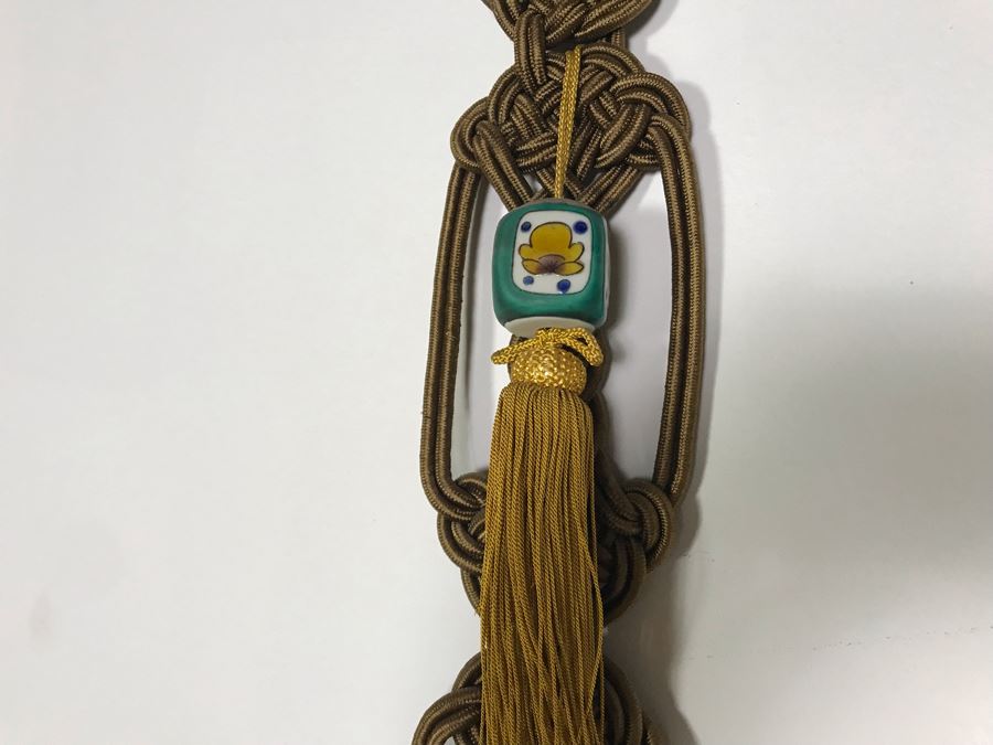 JUST ADDED - Vintage Chinese Knot Wall Hanging With Pair Of Painted Porcelain Scroll Weights 38L [Photo 7]