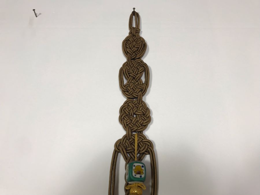 JUST ADDED - Vintage Chinese Knot Wall Hanging With Pair Of Painted Porcelain Scroll Weights 38L [Photo 9]