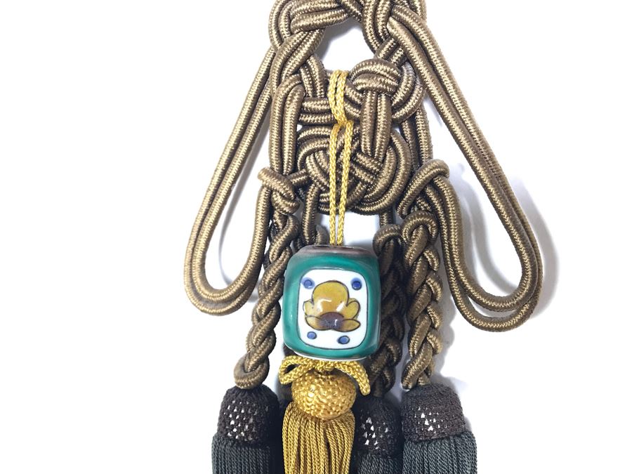 JUST ADDED - Vintage Chinese Knot Wall Hanging With Pair Of Painted Porcelain Scroll Weights 38L [Photo 6]