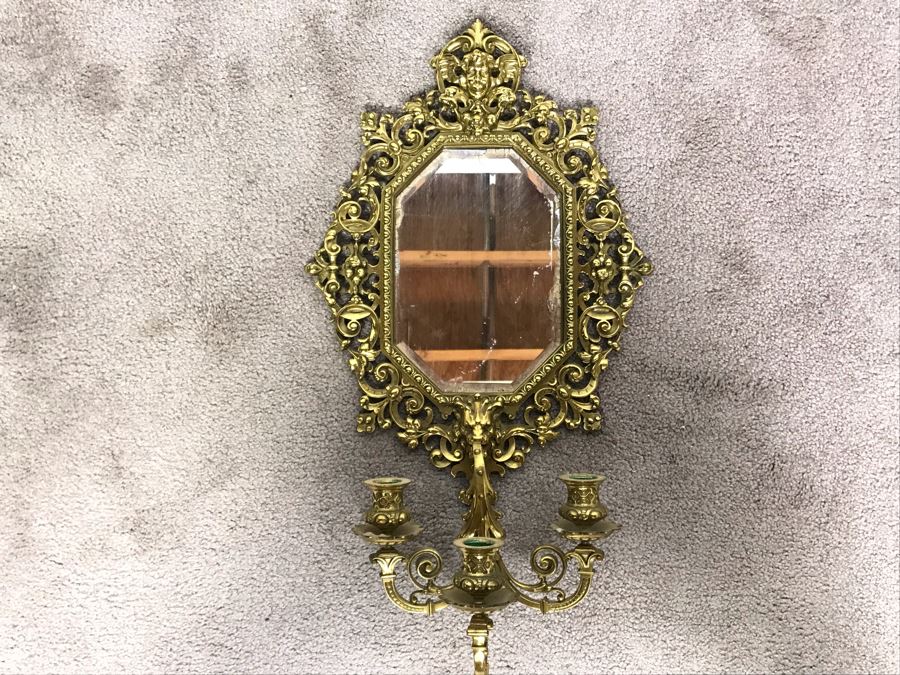 JUST ADDED - Vintage Brass Beveled Glass Wall Mirror With Candelabra 24H X 6D X 13W [Photo 13]