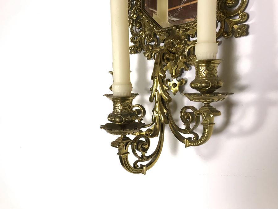 JUST ADDED - Vintage Brass Beveled Glass Wall Mirror With Candelabra 24H X 6D X 13W [Photo 6]