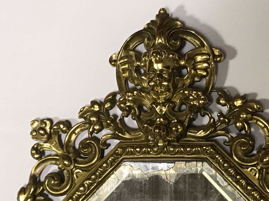 JUST ADDED - Vintage Brass Beveled Glass Wall Mirror With Candelabra 24H X 6D X 13W [Photo 2]