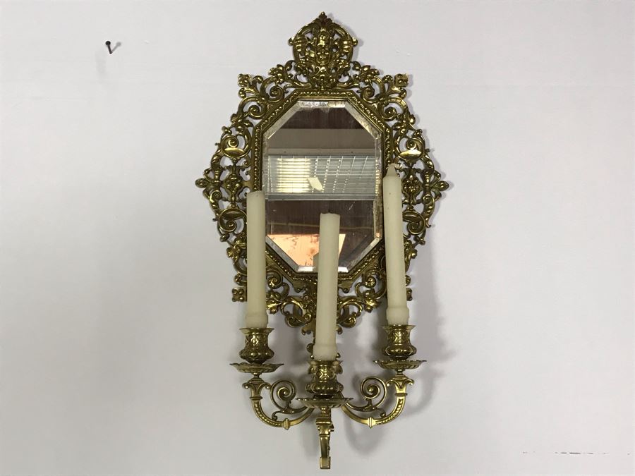 JUST ADDED - Vintage Brass Beveled Glass Wall Mirror With Candelabra 24H X 6D X 13W [Photo 7]