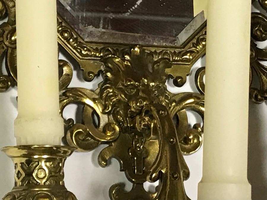 JUST ADDED - Vintage Brass Beveled Glass Wall Mirror With Candelabra 24H X 6D X 13W [Photo 11]