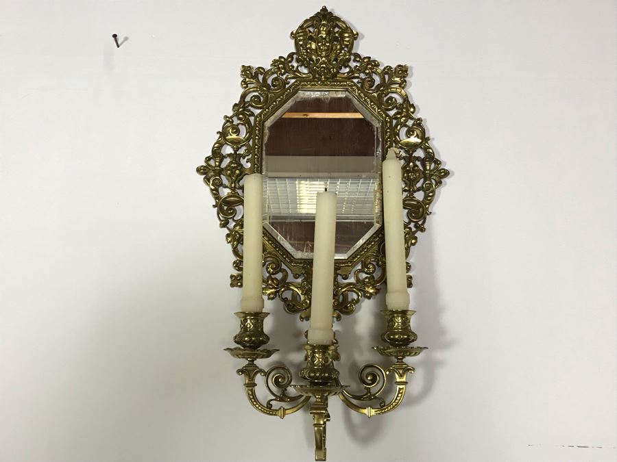 JUST ADDED - Vintage Brass Beveled Glass Wall Mirror With Candelabra 24H X 6D X 13W [Photo 9]