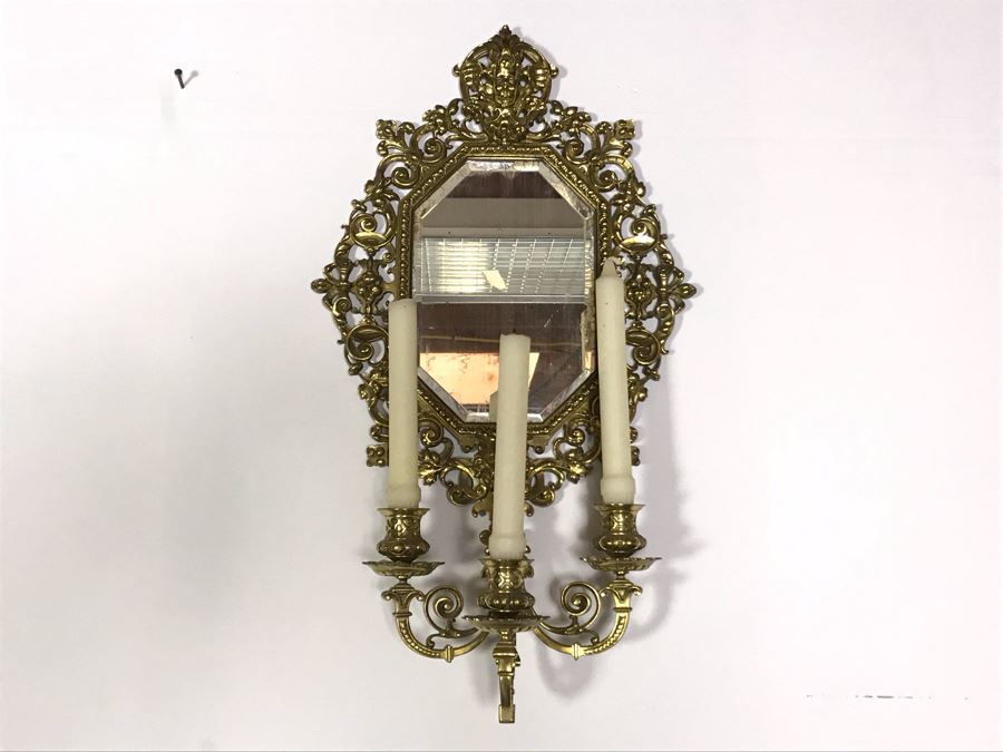 JUST ADDED - Vintage Brass Beveled Glass Wall Mirror With Candelabra 24H X 6D X 13W [Photo 8]