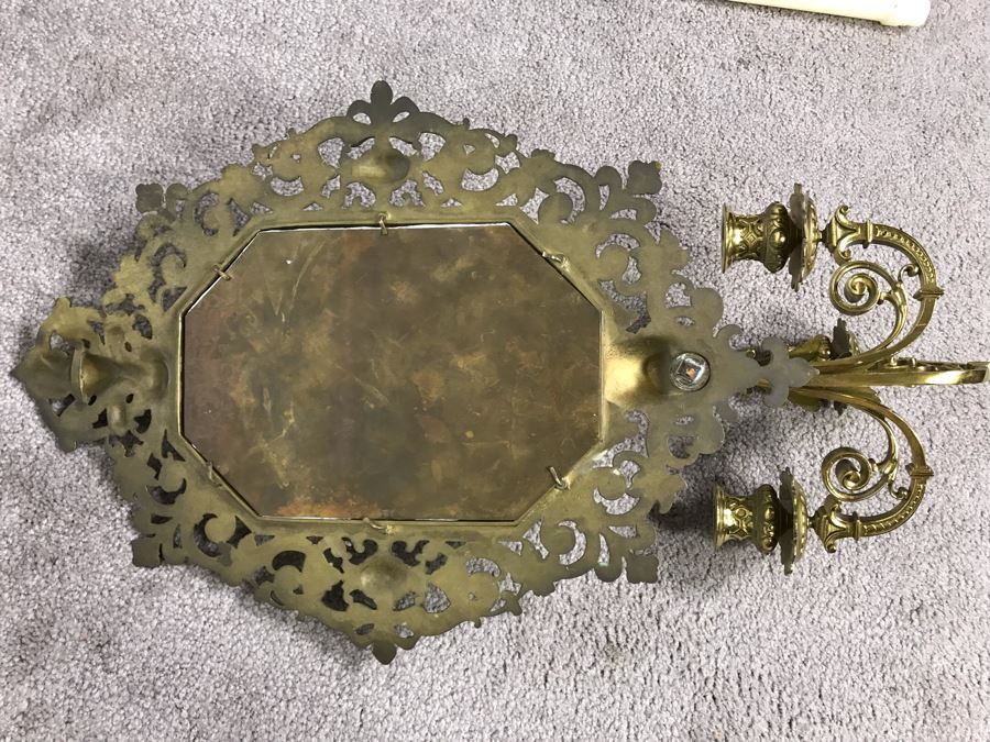 JUST ADDED - Vintage Brass Beveled Glass Wall Mirror With Candelabra 24H X 6D X 13W [Photo 20]