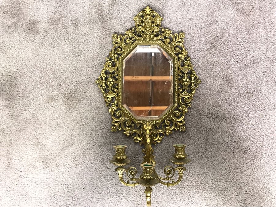 JUST ADDED - Vintage Brass Beveled Glass Wall Mirror With Candelabra 24H X 6D X 13W [Photo 14]