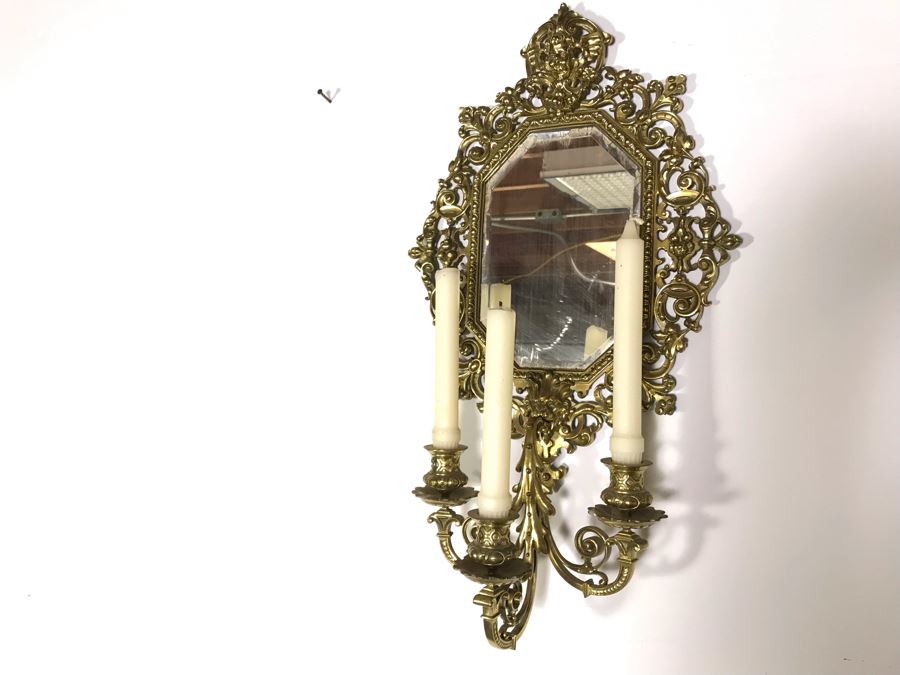 JUST ADDED - Vintage Brass Beveled Glass Wall Mirror With Candelabra 24H X 6D X 13W [Photo 5]