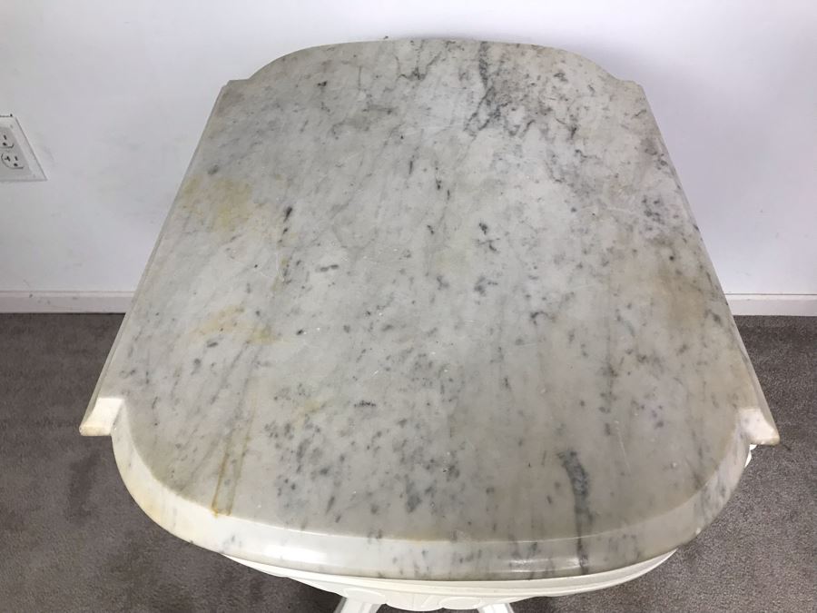 JUST ADDED - Vintage Shabby Chic Painted White Wooden Side Table With White Marble Top 21W X 14.5D X 27.5H [Photo 6]