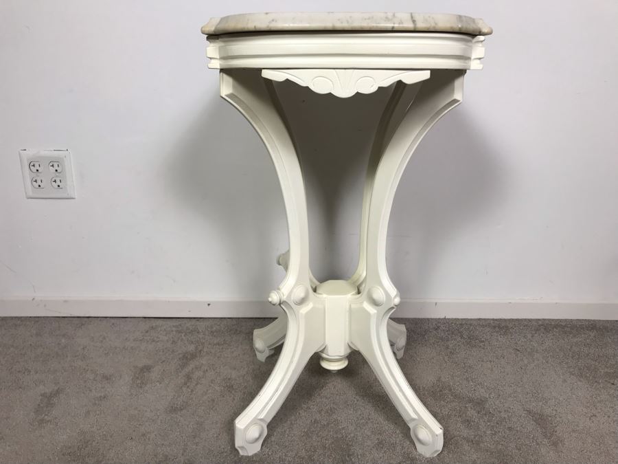 JUST ADDED - Vintage Shabby Chic Painted White Wooden Side Table With White Marble Top 21W X 14.5D X 27.5H [Photo 5]