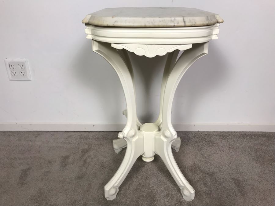 JUST ADDED - Vintage Shabby Chic Painted White Wooden Side Table With White Marble Top 21W X 14.5D X 27.5H [Photo 4]