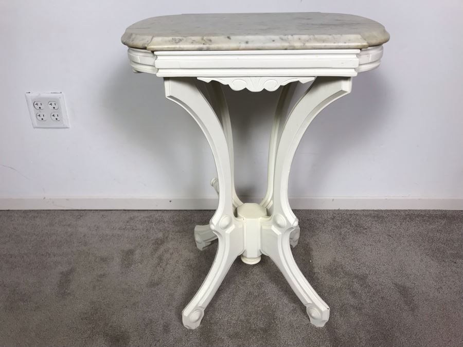 JUST ADDED - Vintage Shabby Chic Painted White Wooden Side Table With White Marble Top 21W X 14.5D X 27.5H [Photo 3]