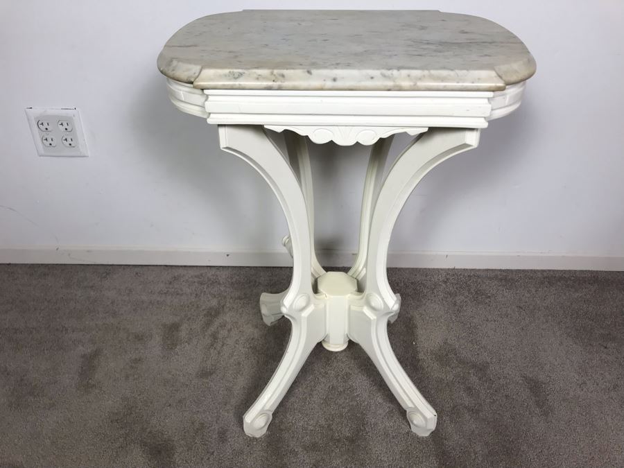 JUST ADDED - Vintage Shabby Chic Painted White Wooden Side Table With White Marble Top 21W X 14.5D X 27.5H [Photo 1]