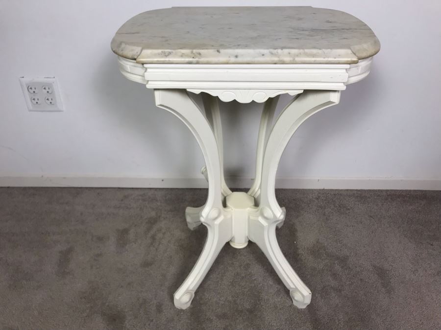 JUST ADDED - Vintage Shabby Chic Painted White Wooden Side Table With White Marble Top 21W X 14.5D X 27.5H [Photo 2]