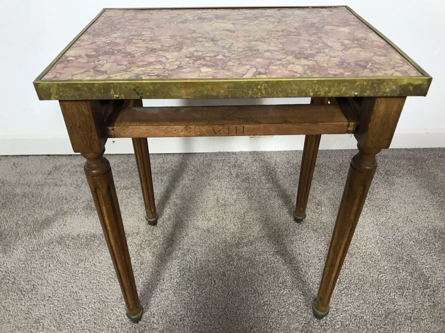 JUST ADDED - Antique Wooden Side Table With Marble Top Missing Drawer 14W X 10D X 16.5H [Photo 1]