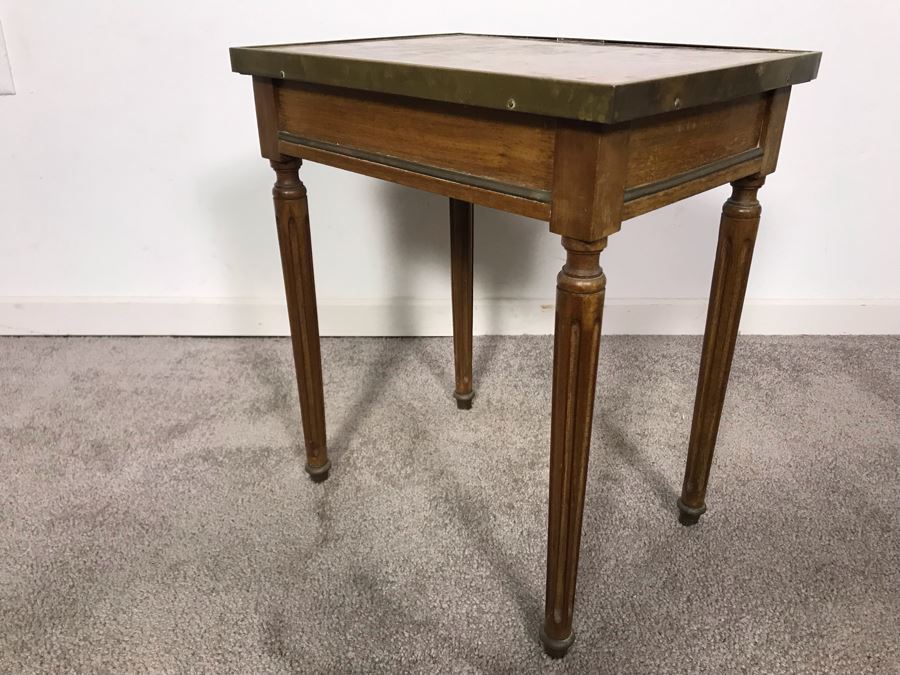 JUST ADDED - Antique Wooden Side Table With Marble Top Missing Drawer 14W X 10D X 16.5H [Photo 5]
