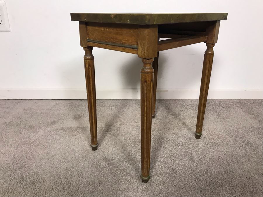 JUST ADDED - Antique Wooden Side Table With Marble Top Missing Drawer 14W X 10D X 16.5H [Photo 4]