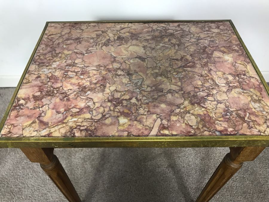 JUST ADDED - Antique Wooden Side Table With Marble Top Missing Drawer 14W X 10D X 16.5H [Photo 3]