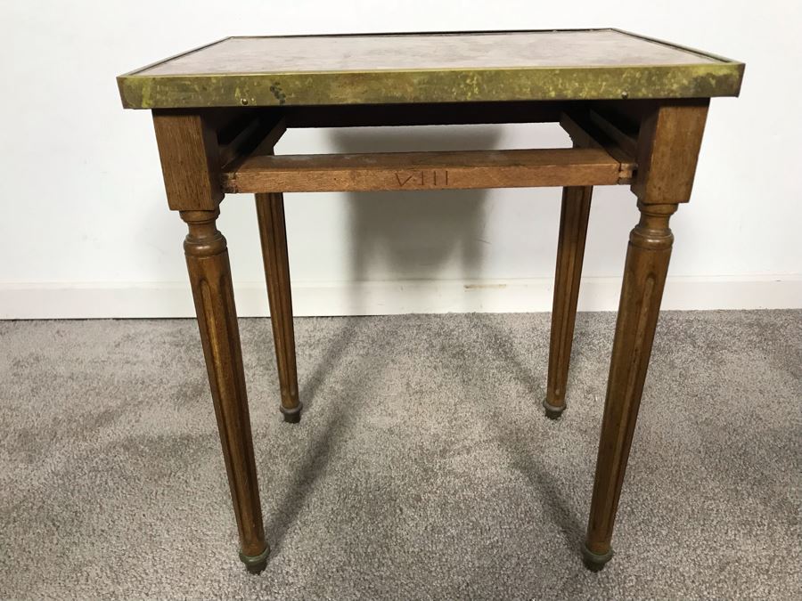 JUST ADDED - Antique Wooden Side Table With Marble Top Missing Drawer 14W X 10D X 16.5H [Photo 2]