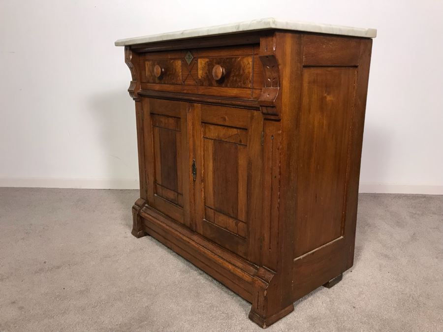 JUST ADDED - Antique Wooden Cabinet With White Marble Top 29W X 16D X 28.5H [Photo 11]