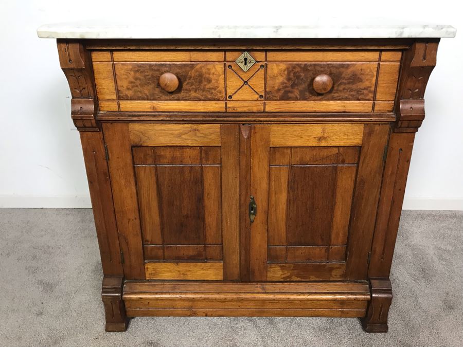 JUST ADDED - Antique Wooden Cabinet With White Marble Top 29W X 16D X 28.5H [Photo 1]