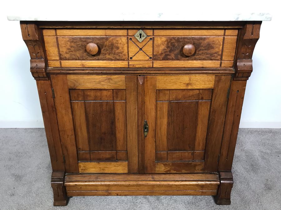JUST ADDED - Antique Wooden Cabinet With White Marble Top 29W X 16D X 28.5H [Photo 4]