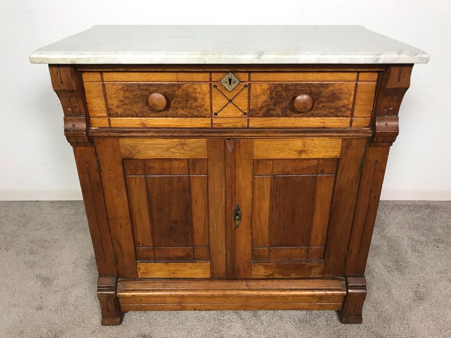 JUST ADDED - Antique Wooden Cabinet With White Marble Top 29W X 16D X 28.5H