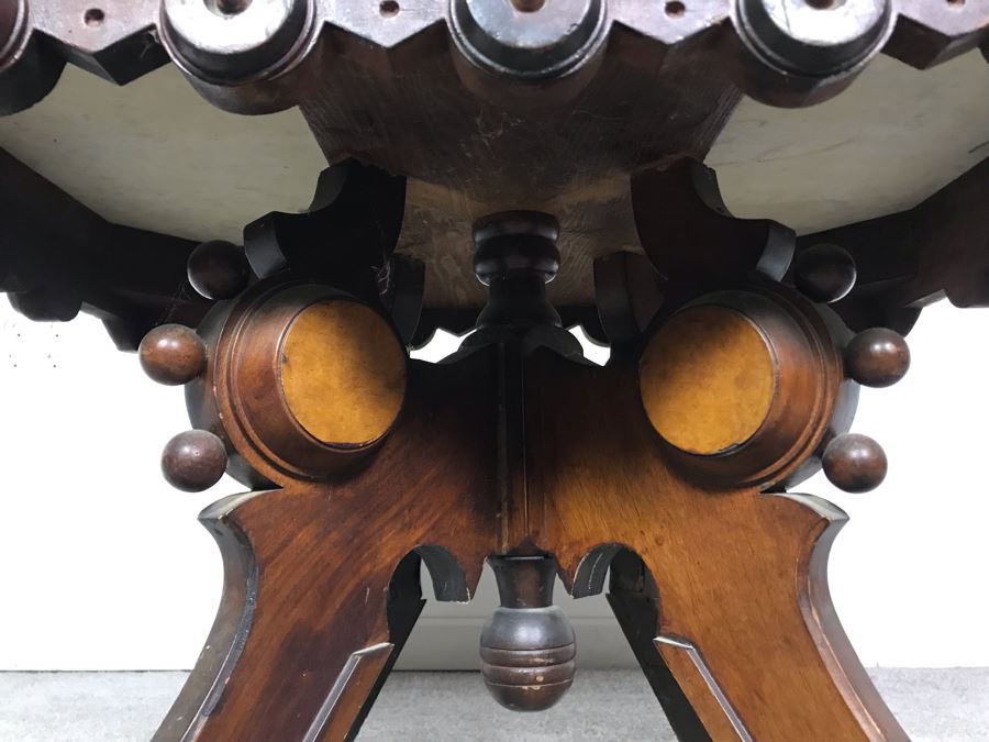 JUST ADDED - Antique Wooden Side Table With White Marble Top 28W X 20D X 17.5H [Photo 5]