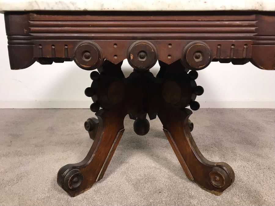 JUST ADDED - Antique Wooden Side Table With White Marble Top 28W X 20D X 17.5H [Photo 9]