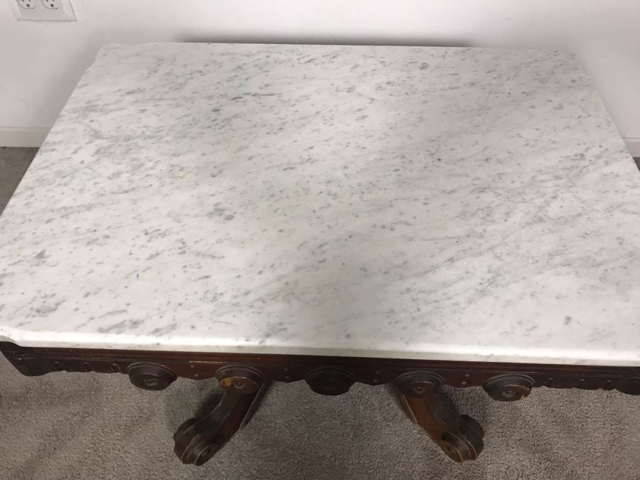 JUST ADDED - Antique Wooden Side Table With White Marble Top 28W X 20D X 17.5H [Photo 6]