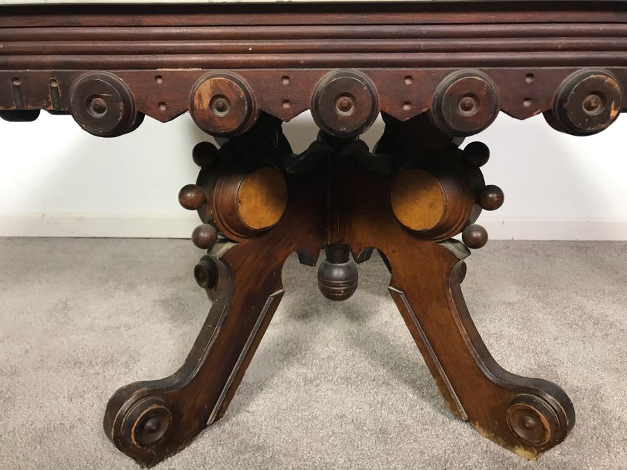 JUST ADDED - Antique Wooden Side Table With White Marble Top 28W X 20D X 17.5H [Photo 3]