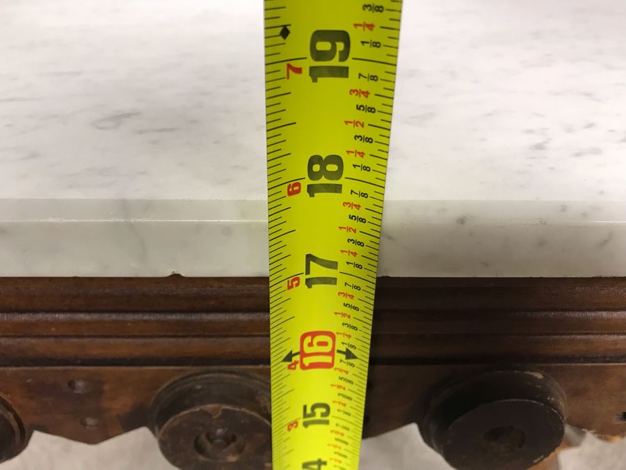 JUST ADDED - Antique Wooden Side Table With White Marble Top 28W X 20D X 17.5H [Photo 13]