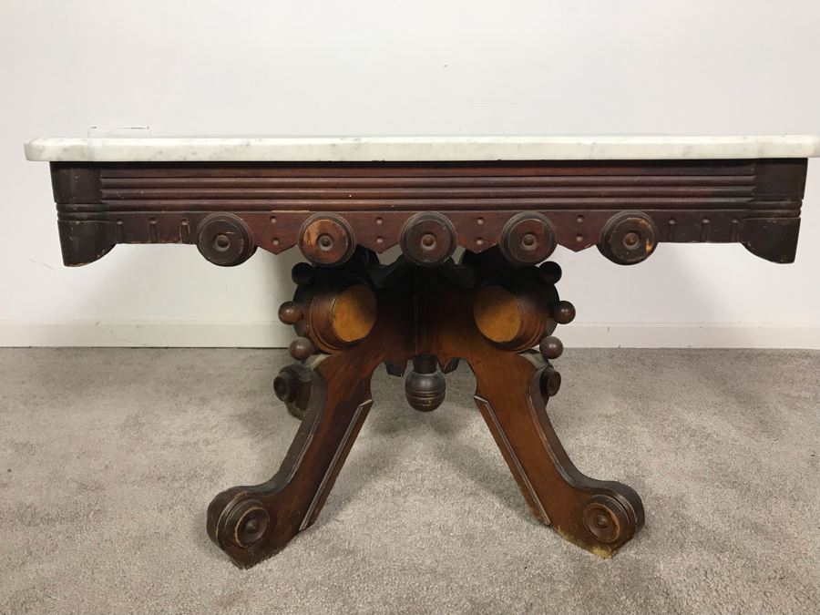 JUST ADDED - Antique Wooden Side Table With White Marble Top 28W X 20D X 17.5H [Photo 2]