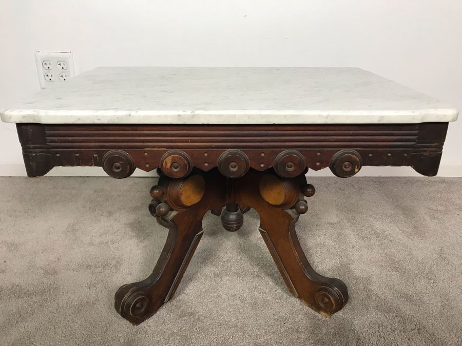 JUST ADDED - Antique Wooden Side Table With White Marble Top 28W X 20D X 17.5H [Photo 1]