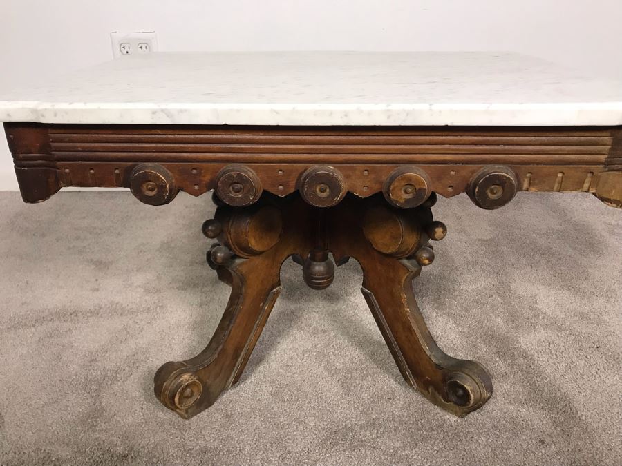 JUST ADDED - Antique Wooden Side Table With White Marble Top 28W X 20D X 17.5H [Photo 10]