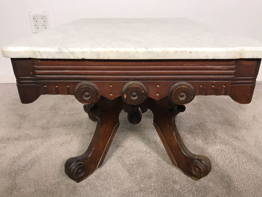 JUST ADDED - Antique Wooden Side Table With White Marble Top 28W X 20D X 17.5H [Photo 8]