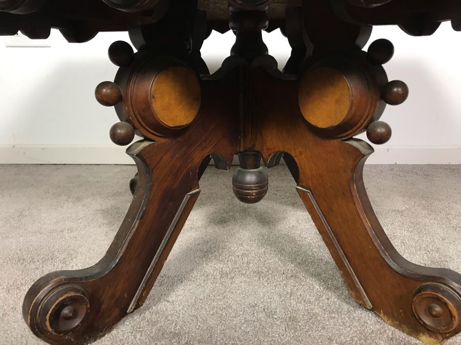 JUST ADDED - Antique Wooden Side Table With White Marble Top 28W X 20D X 17.5H [Photo 4]