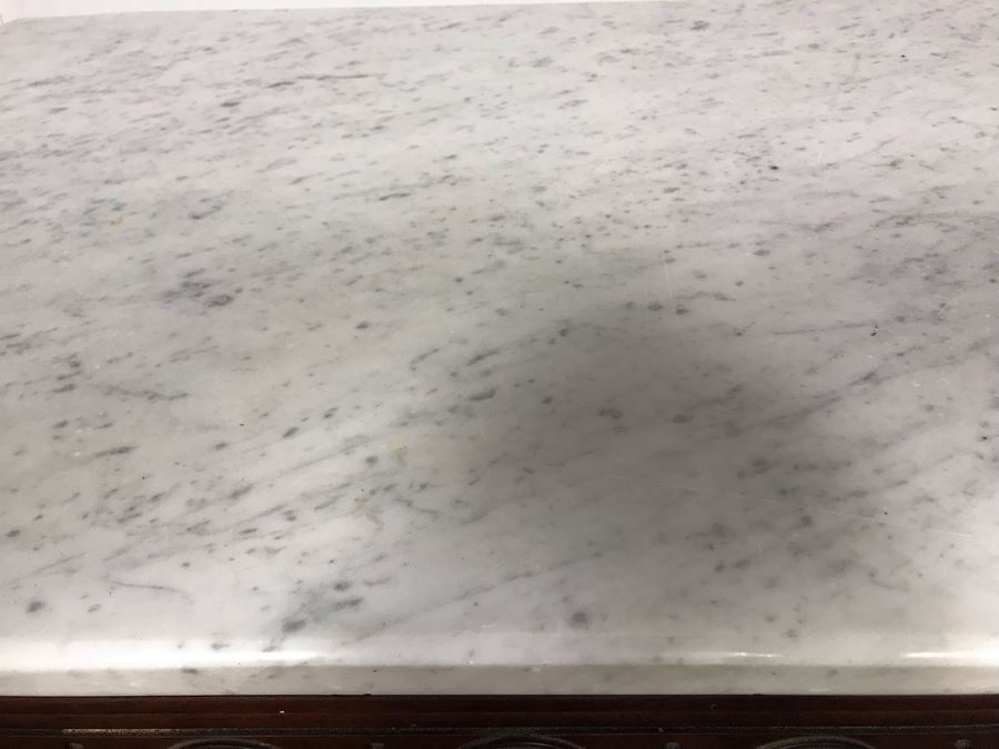 JUST ADDED - Antique Wooden Side Table With White Marble Top 28W X 20D X 17.5H [Photo 7]